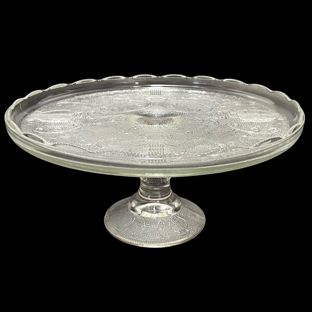 Vintage 1950s Jeannette Glass Harp 10" Footed Cake Stand - Clear Pressed Glass